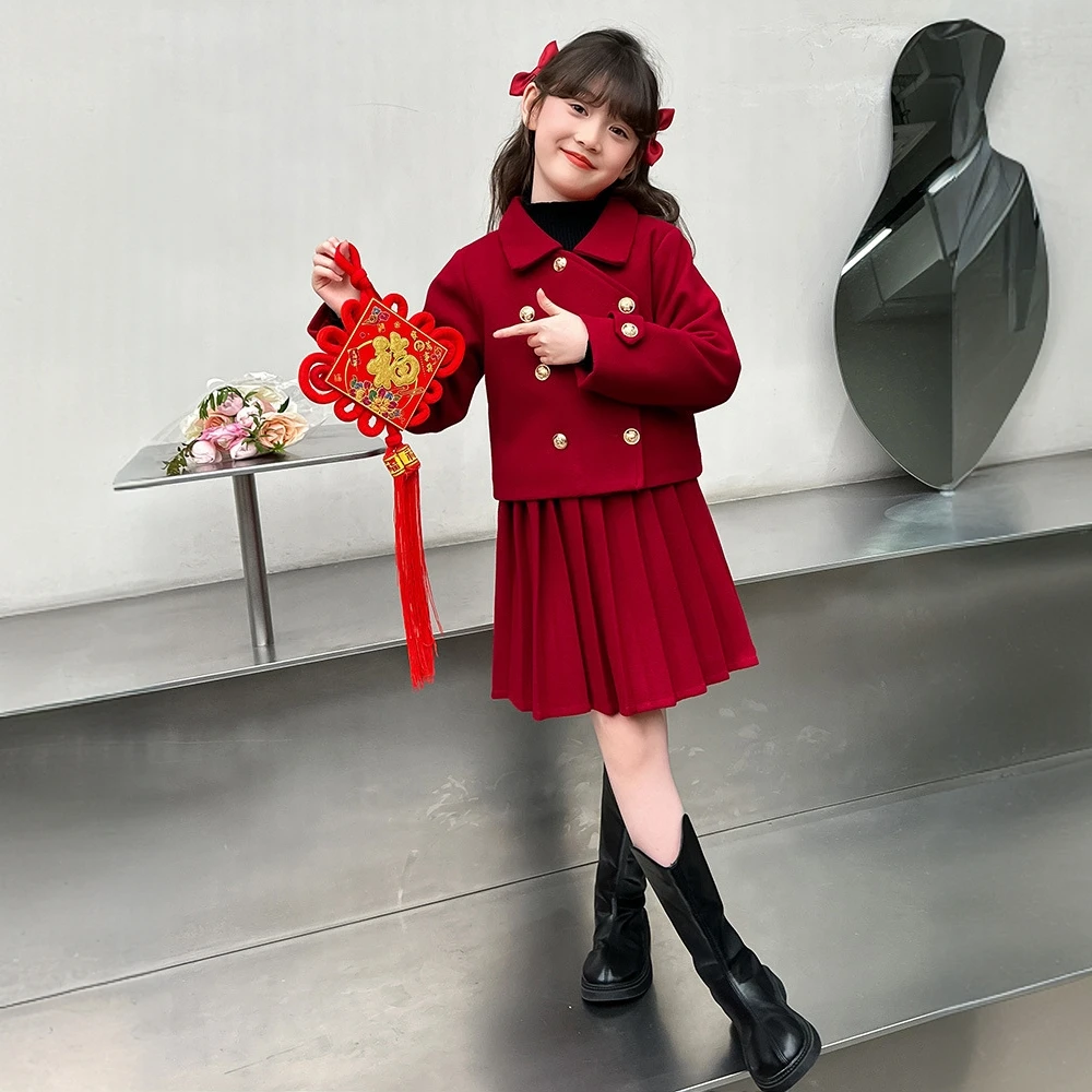 女童秋冬夹棉裙套装蛇年新款拜年加厚小香风套装保暖甜美两件套潮
