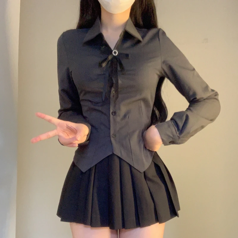 樱舞纪JK收腰衬衫女短袖夏季修身制服学院风辣妹套装灰长袖上衣