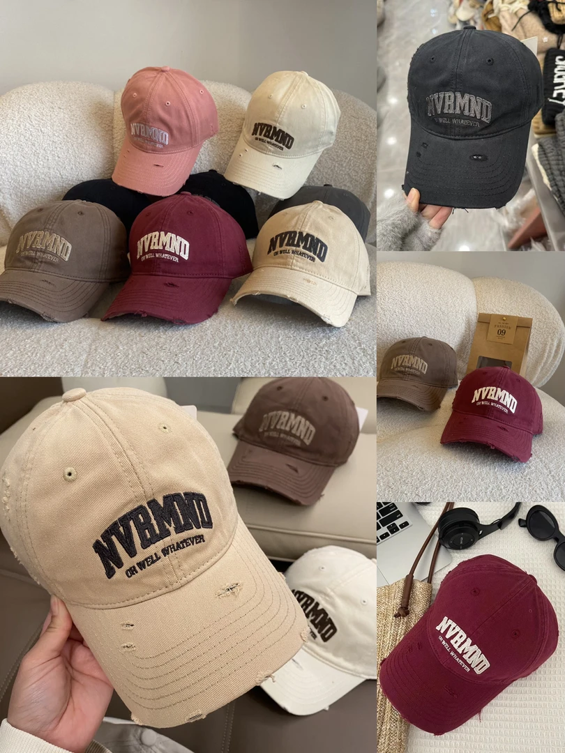 春夏透气破洞软顶NVRMND棒球帽子女时尚百搭休闲磨破做旧鸭舌帽