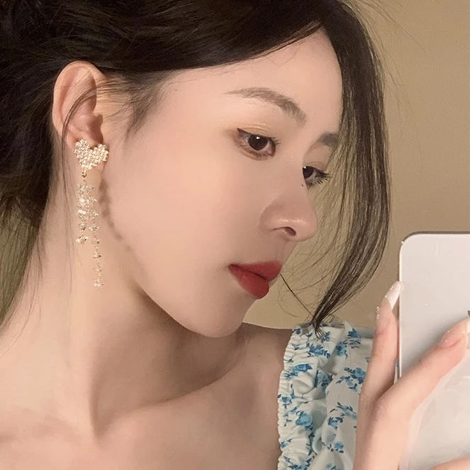 悠美-仙仙夏季爱心微镶流苏耳环设计感温柔气质耳饰100#
