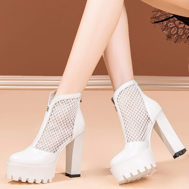 白色网靴女真皮夏季新款粗跟凉鞋百搭小个子高跟镂空女士凉靴1957
