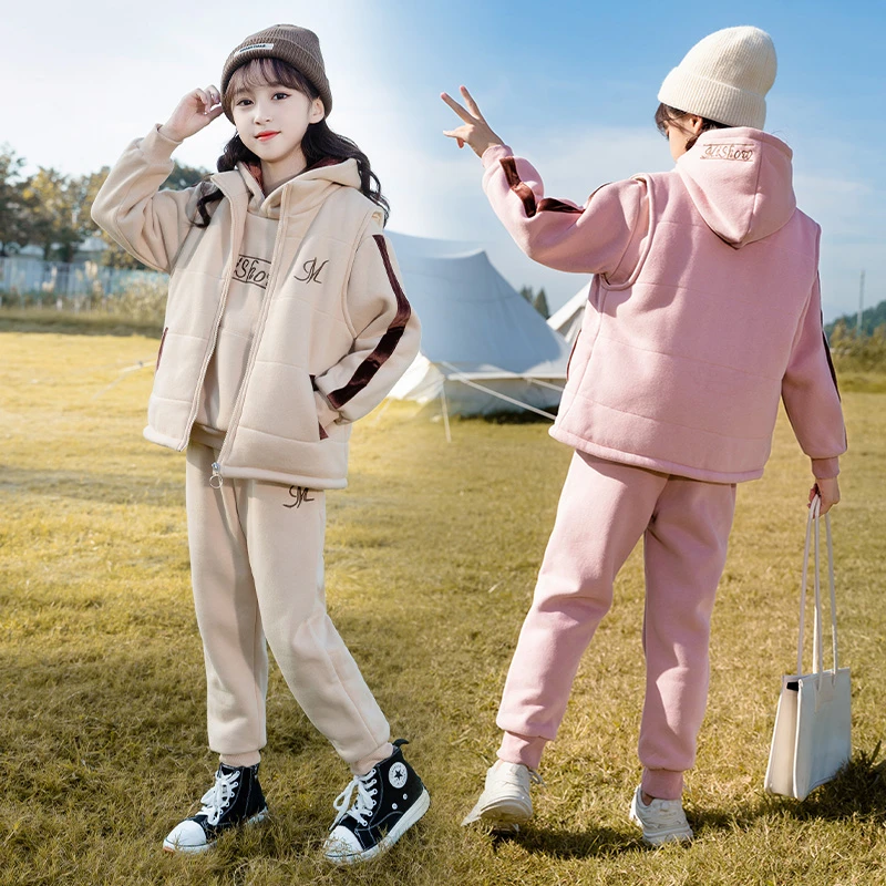 女童秋冬装加绒加厚夹棉三件套2025冬季新款中大童洋气网红套装潮