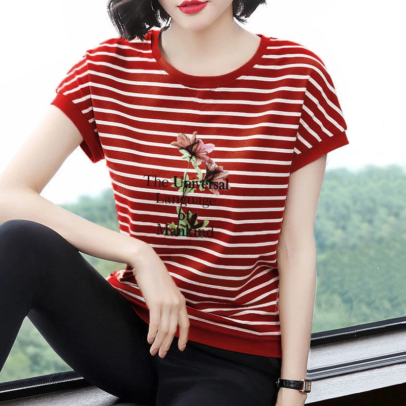 不起球纯棉夏季短袖女洋气上档次妈妈装蝙蝠袖宽松淑女条纹中青年