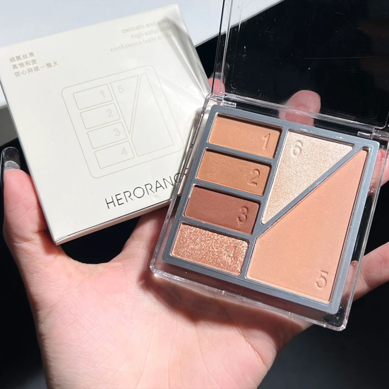 HERORANGE六色一体盘眼影修容腮红哑光细闪高光碎钻新手温柔奶咖