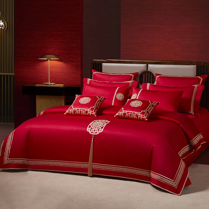 梦洁家纺 60S长绒棉结婚四件套：红妆之恋 结婚婚房素色绣花套件