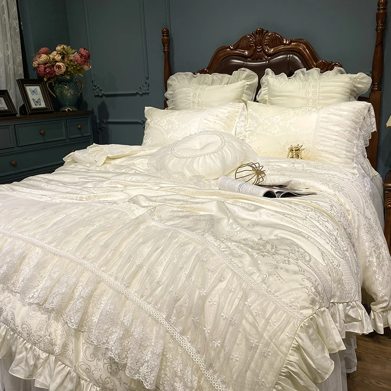 娜美60支全棉提花淑女公主风床裙款四件套 韩式轻奢法式韩版欧式