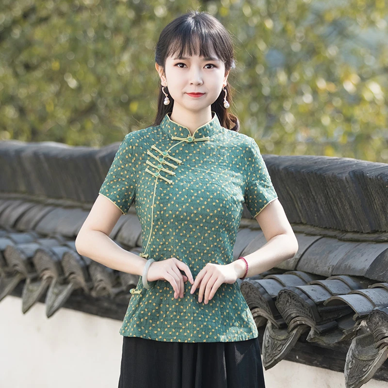 筠雅棉麻女装年轻款复古中国风女装中式国风盘扣旗袍上衣22J002