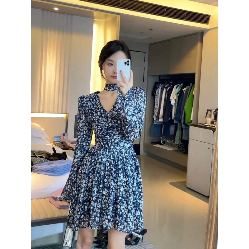 FORNI 优雅小女人 法式碎花连衣裙中长款修身裙女