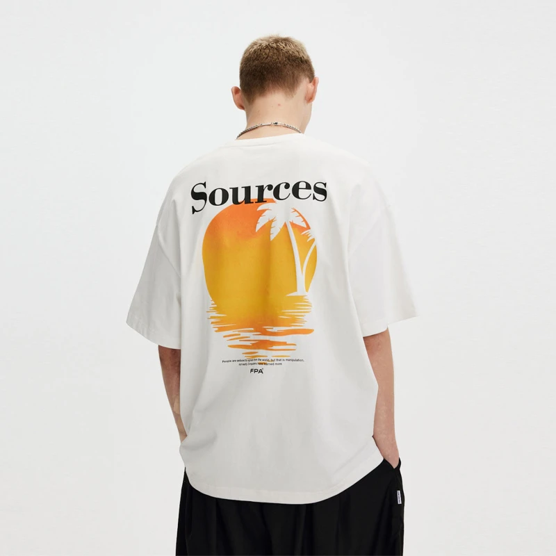 FPA半袖百搭棉街头通用国潮潮流 宽松圆领休闲夕阳日落印花短袖