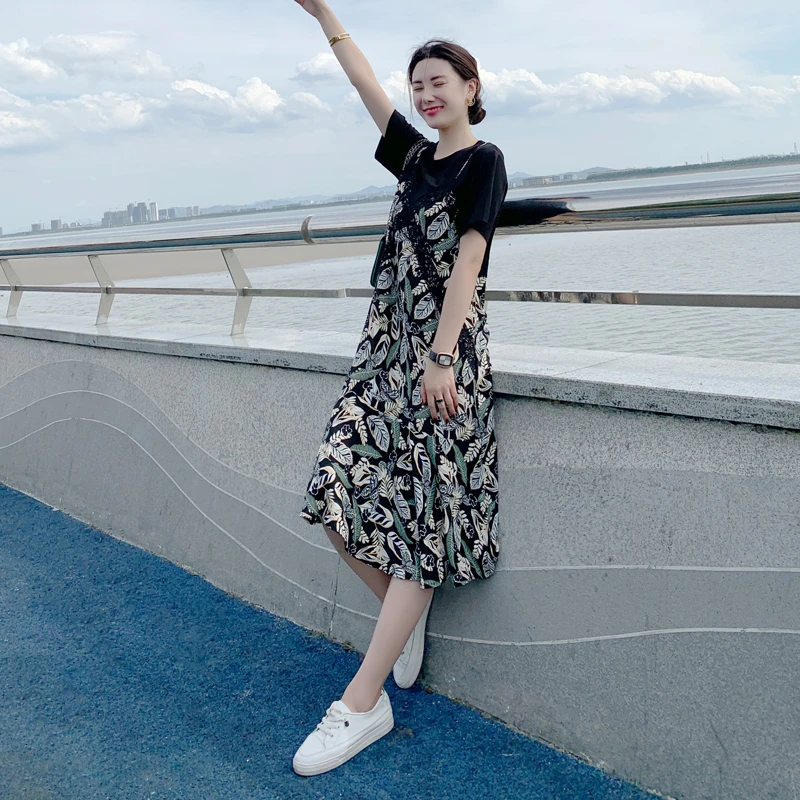 连衣裙女2025夏季新款欧货雪纺假两件碎花吊带气质中长法式显瘦裙