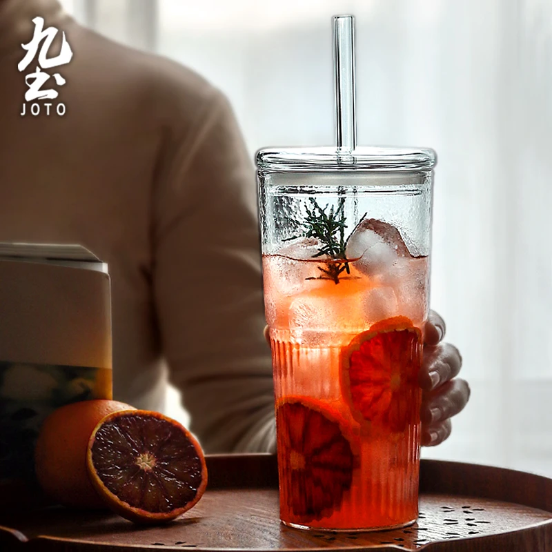 九土耐热玻璃吸管杯带盖大容量办公室喝水杯高颜值女生奶茶饮料杯