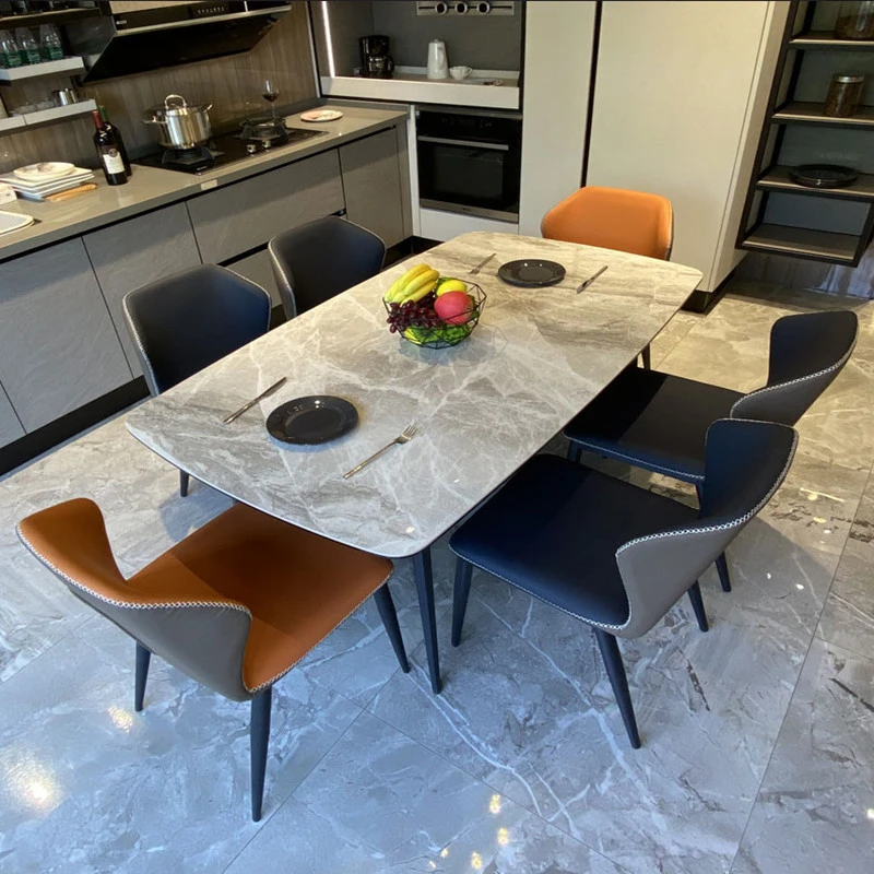 进口岩板餐桌轻奢意大利灰亮光餐桌椅组合现代简约小户型吃饭桌子