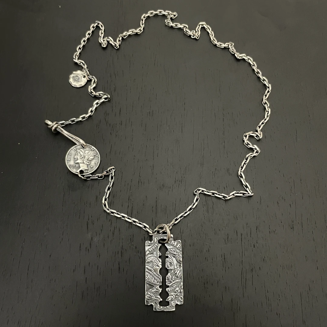 坠链均925银 925纯银霆锋同款时尚潮牌太角链做旧工艺刀片项链