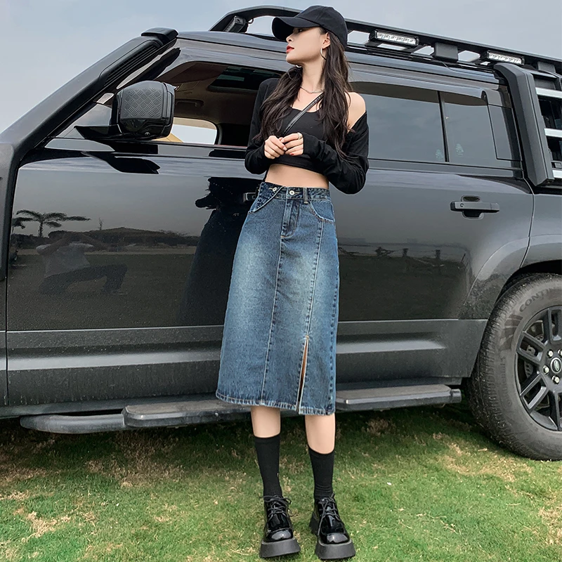高腰宽松半身牛仔裙女显瘦修身夏季时尚复古a字中长款百搭裙子