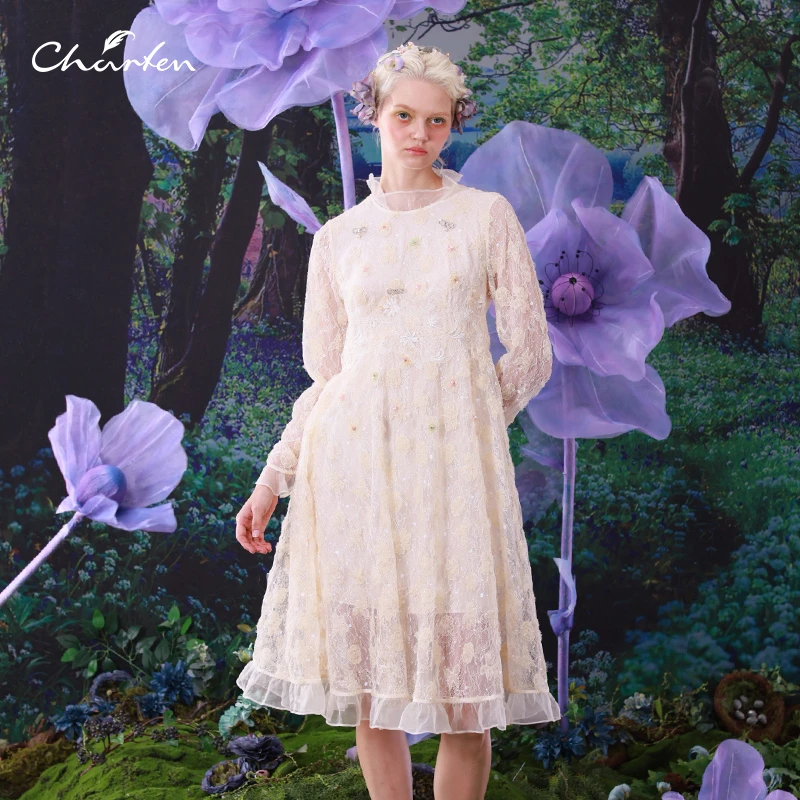 朝峰春甜美网纱仙女连衣裙女CFC1A109-112G