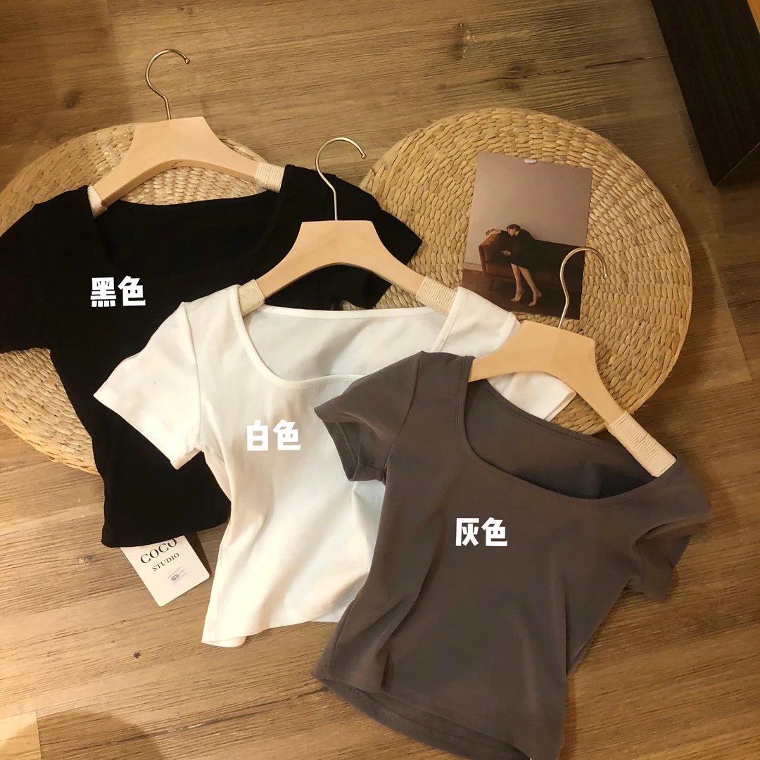 夏季新款纯棉上衣锁骨修身T恤女短袖夏季正肩短款体恤上衣潮
