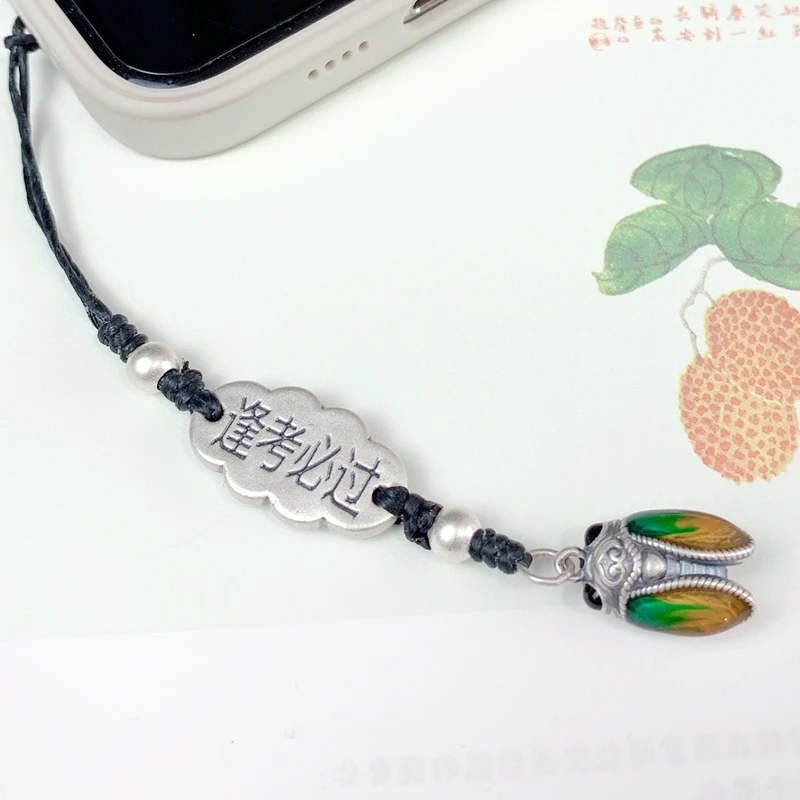 925银珐琅银制品 925银逢考必过创意手机链挂件 一鸣惊人钥匙链