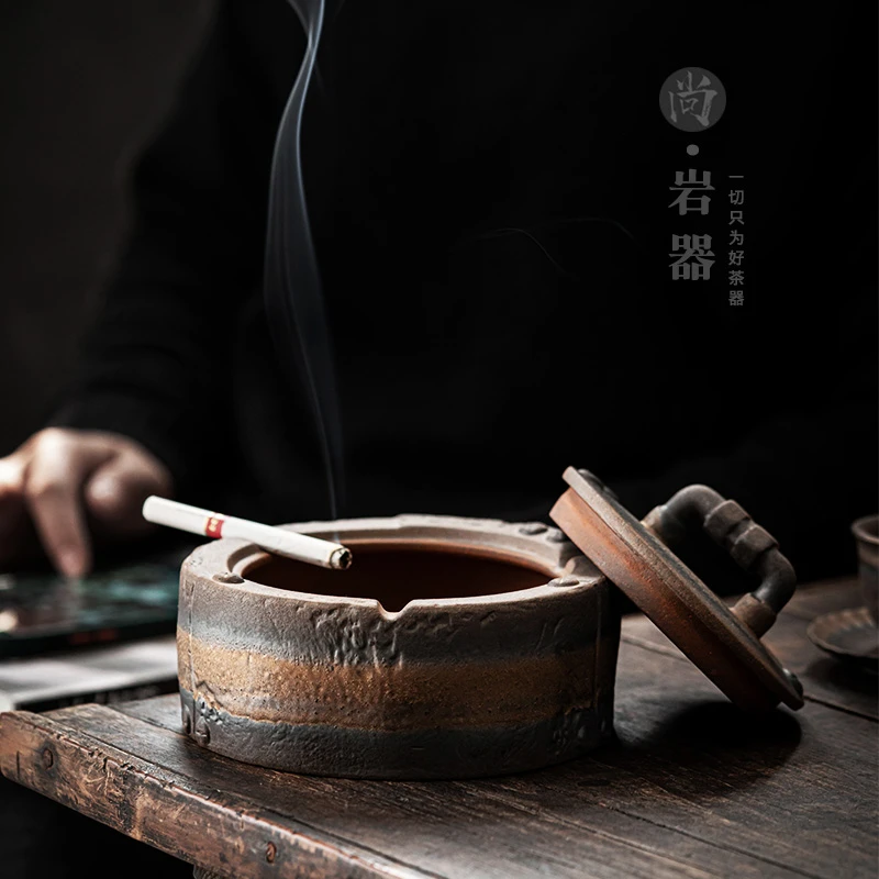 创意个性大号烟灰缸复古新中式陶瓷烟缸家用客厅办公室带盖烟灰缸