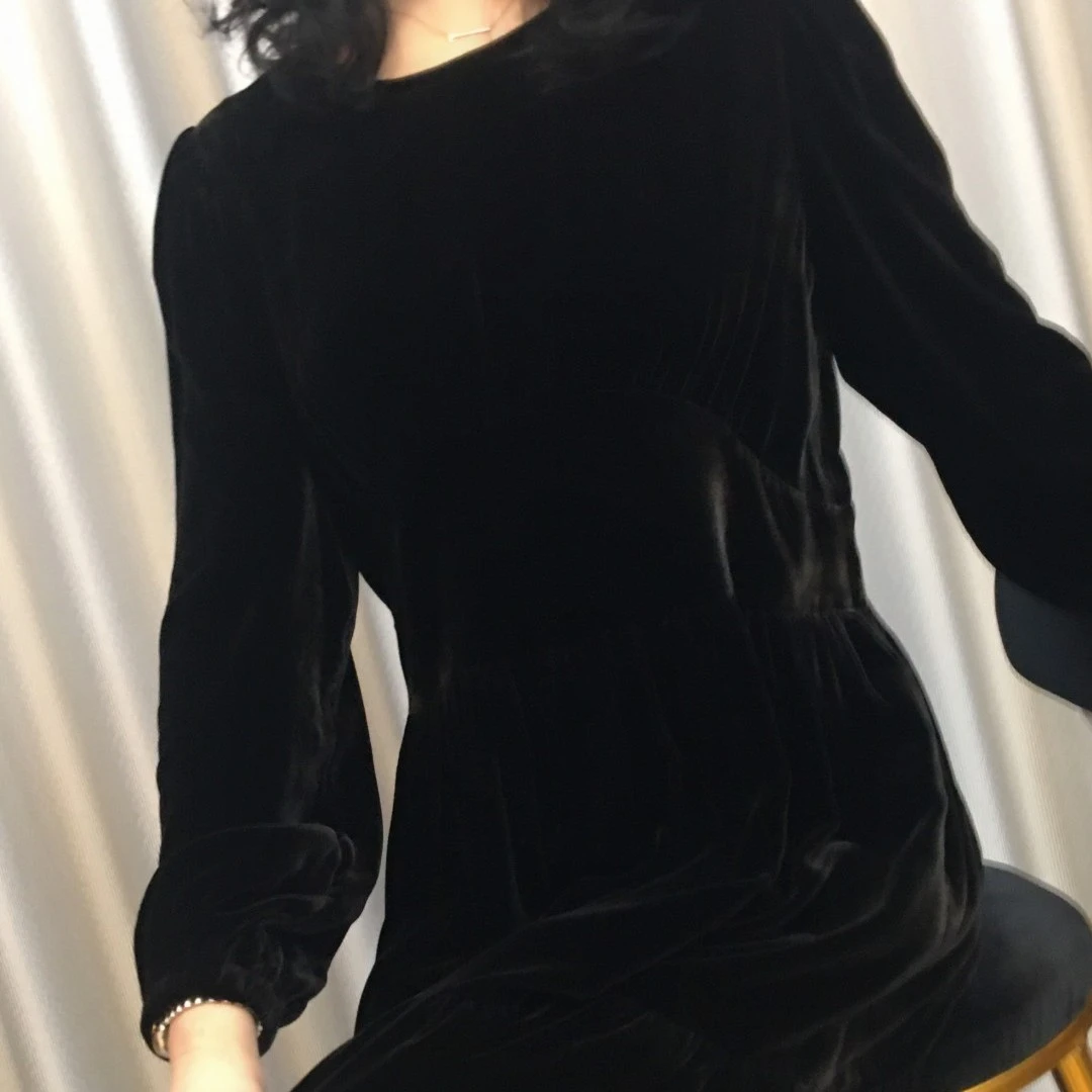 黑色修身气质蚕丝绒连衣裙#120005