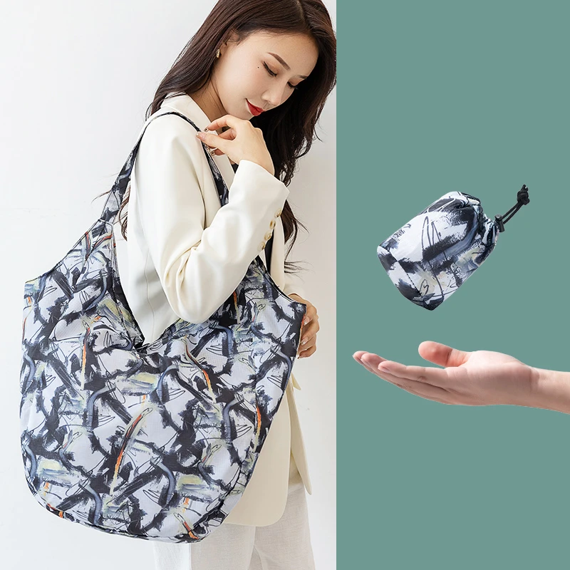 大容量超市折叠购物袋单肩女用超轻便携买菜防泼水简约手提印花