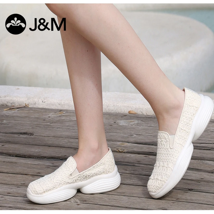 J&M/快乐玛丽浅口单鞋白色透气休闲女鞋一脚蹬健步鞋乐福鞋76168W