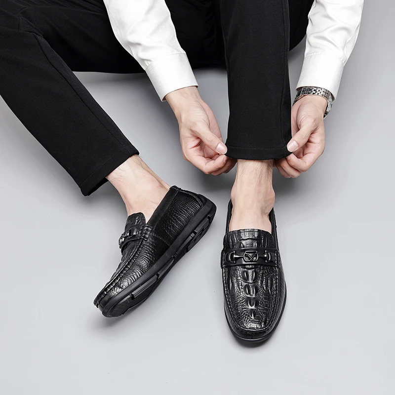 丽卡狼头层牛皮男士豆豆鞋2025四季新款软面一脚蹬懒人鳄鱼纹皮鞋