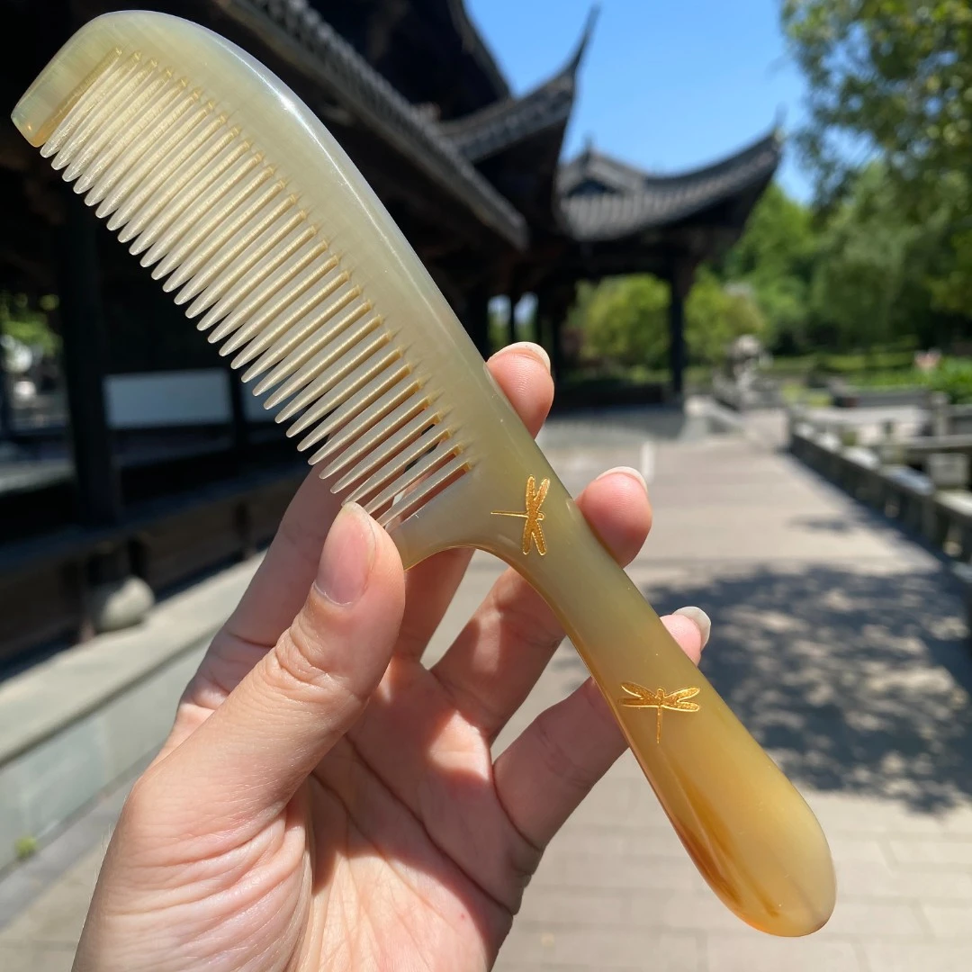 天然牛角梳子蜻蜓手柄梳常规家用款护发养发防静电按摩梳19cm