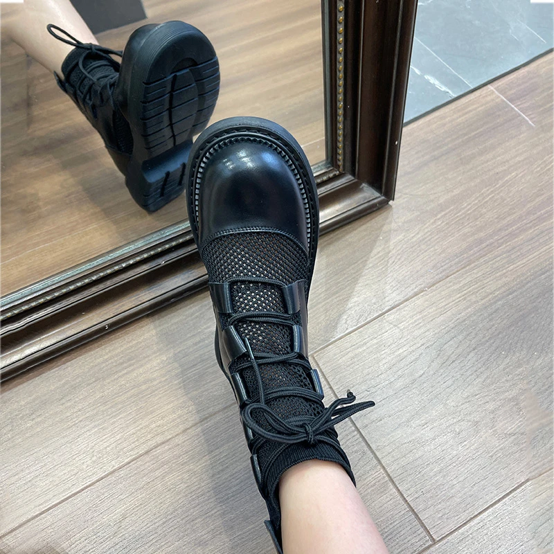 古莎莉马丁靴女夏季薄款镂空透气网靴真皮靴子女夏弹力显瘦袜靴