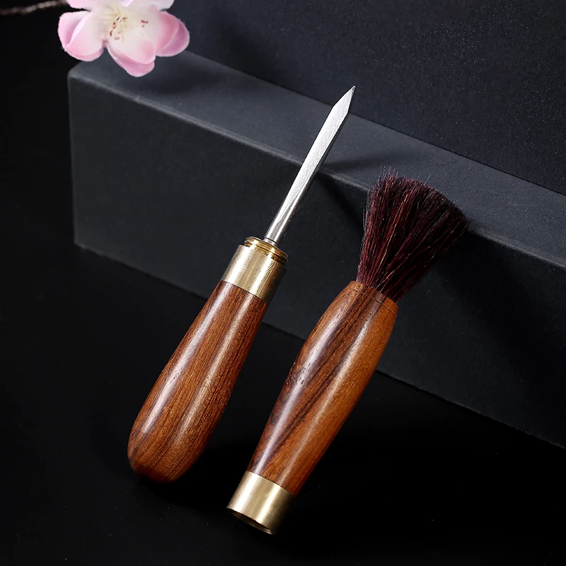 茶具配件普洱茶两用茶刀养壶笔黑檀木花梨木双用实木茶针毛刷茶道