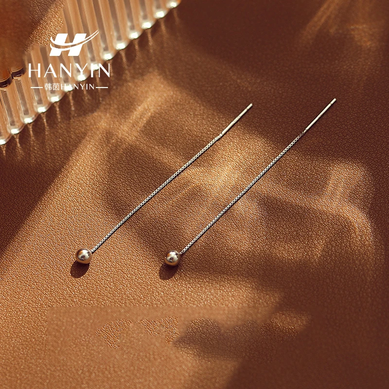 925银耳饰 纯银时尚轻奢耳线精致盒子链小球吊坠长款耳线6厘米ins