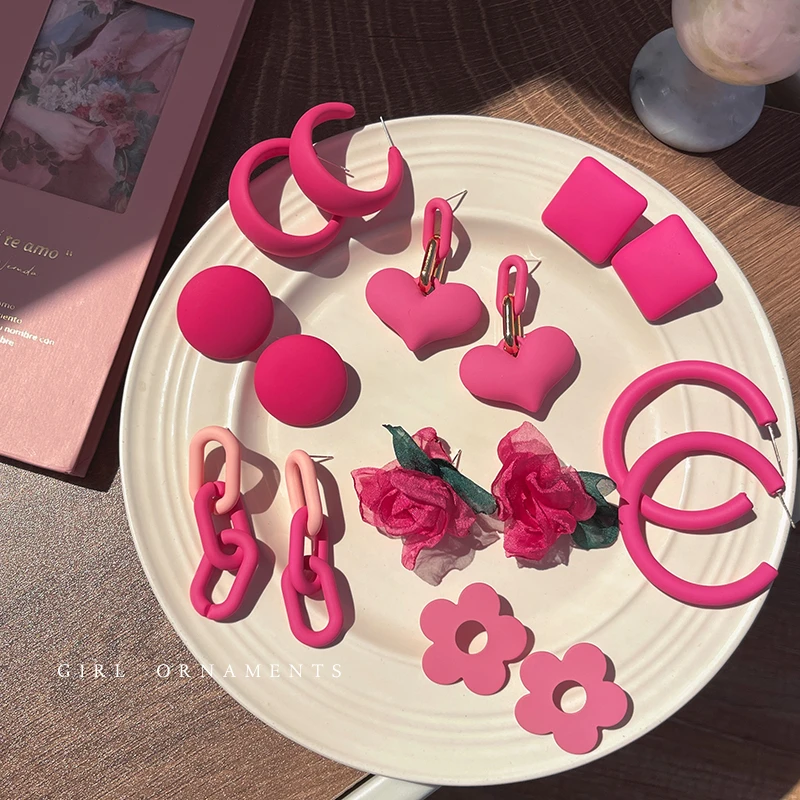 合金耳饰 玫红色耳钉高级感轻奢简约小众气质耳饰 爱心花朵耳环女