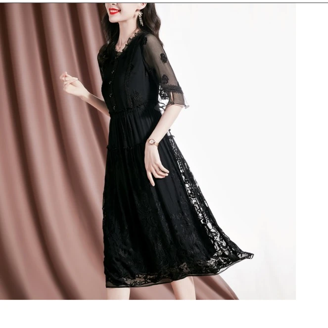 【中先森设计制造】 高定新款时尚气质显瘦桑蚕丝刺绣连衣裙  099