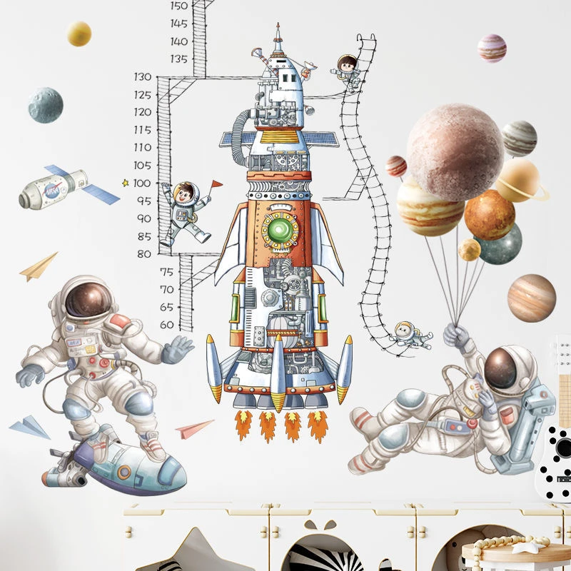 可移除墙贴卡通宇航飞行员贴纸星空星球幼儿园装饰飞船儿童房墙壁