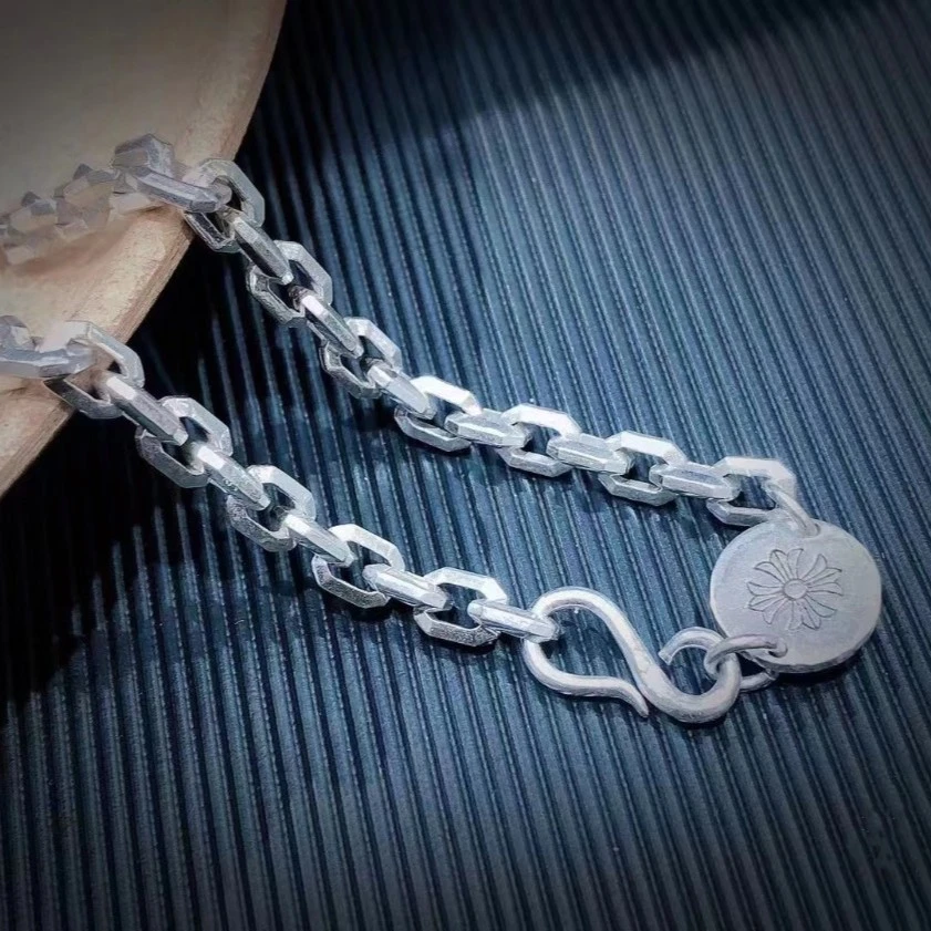 链子足银 银实心手工项链简约时尚坠链吊坠潮男百搭炸街银饰手镯