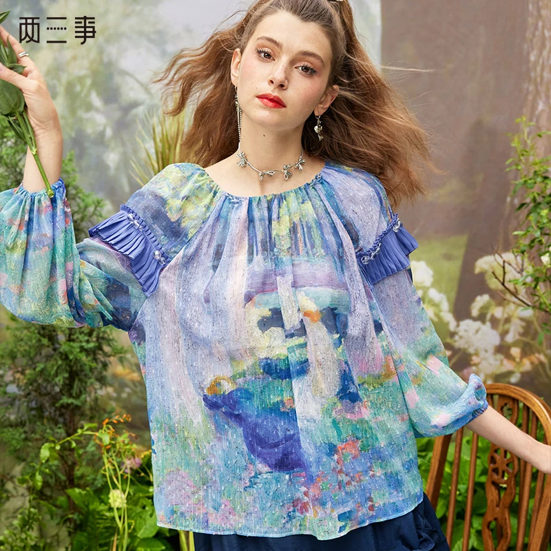 两三事瞬息宇宙夏季新款复古抽象油画印花灯笼袖雪纺衫女显瘦宽松