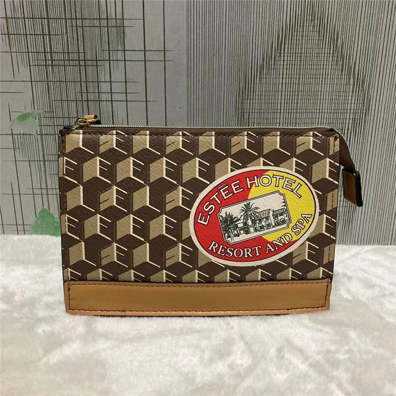 w049时尚新款棕色老花图案印花化妆包收纳便携手拿整理包中古