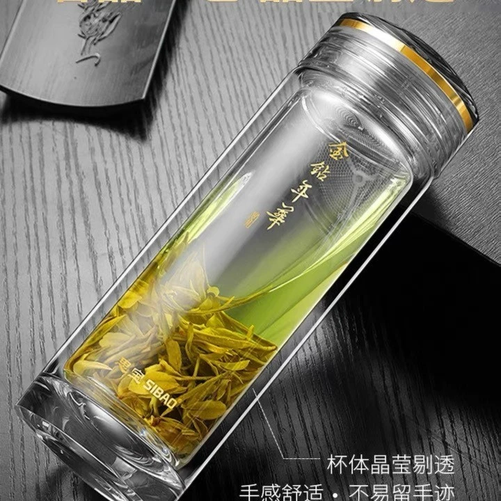 思宝玻璃杯金钻年华茶杯男士透明水晶杯手工双层水杯高档送礼杯子