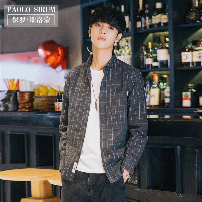 超值2022秋季新款外贸跨境全棉磨毛色织格子男士衬衫长袖衬衣宽松