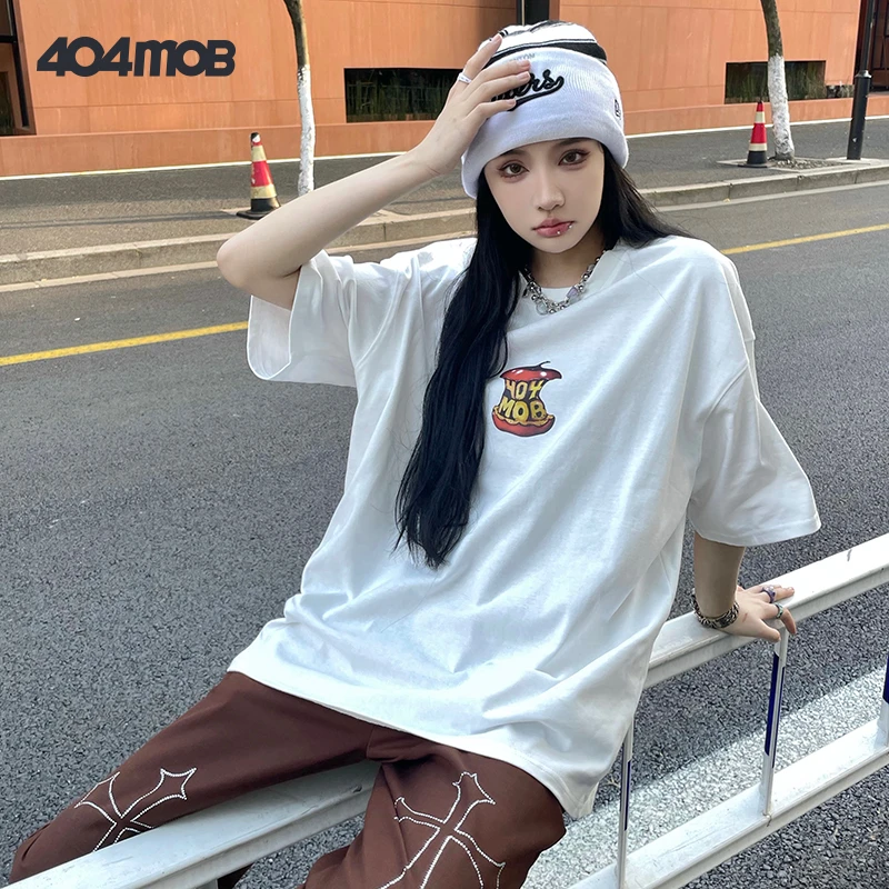 404MOB印花圆领短袖T恤男女嘻哈街头ins潮流宽松百搭青少年打底衫