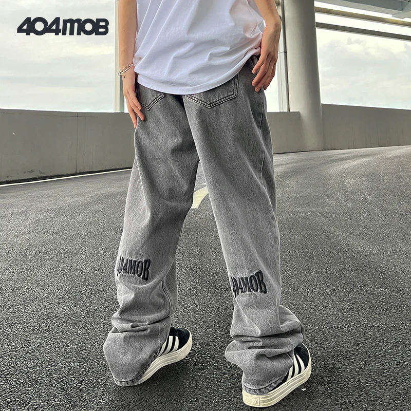 404MOB 2024新款刺绣裤子ins高街潮牌欧美vibe烟灰色牛仔裤阔腿