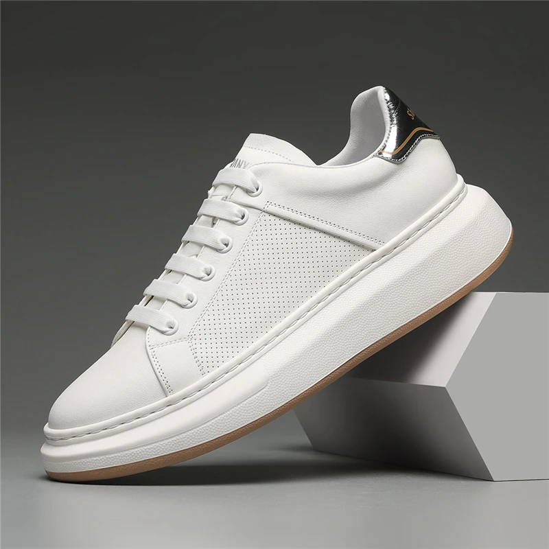 摩蓓男鞋秋季款头层牛皮时尚百搭休闲运动鞋厚底增高男士小白鞋