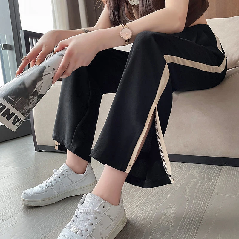 九分侧开叉阔腿裤女春季直筒显瘦高腰垂感休闲宽松裤子透气通勤