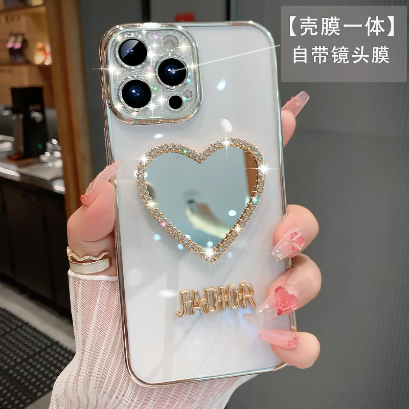 【苹果】新款iphone13/14 自带镜头钻 爱心水钻化妆镜 全包防摔壳