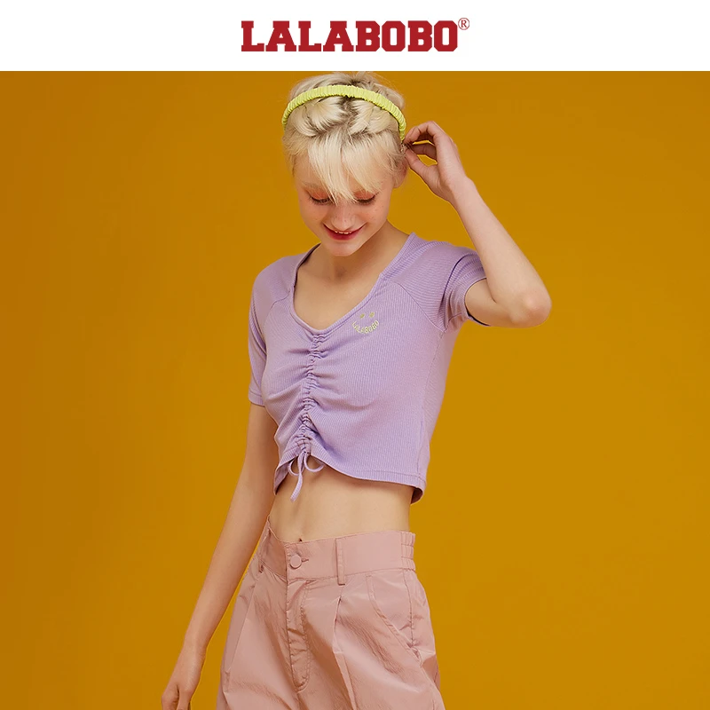 石家庄LALABOBO夏款刺绣BM风短款抽绳短袖T恤上衣女|L21B-WSDT11