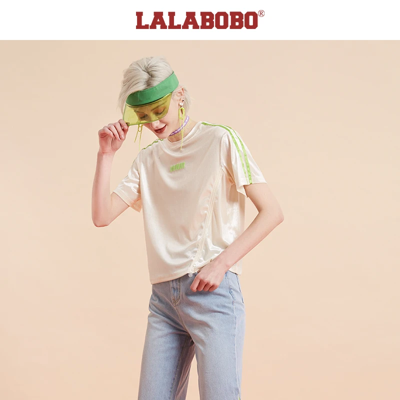 石家庄LALABOBO 春夏宽松显瘦丝绒抽绳亮片短袖T恤女|L20A-WSDT20
