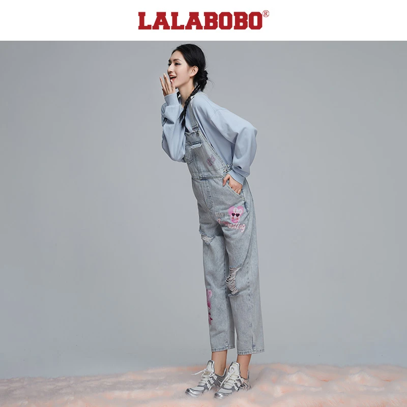 石家庄LALABOBO印花宽松显瘦牛仔背带裤女L21E-WLZT15