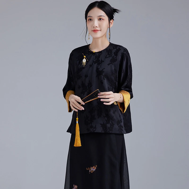 陌遇春秋新款中国风复古改良黑色圆领旗袍唐装茶服上衣日常M22626