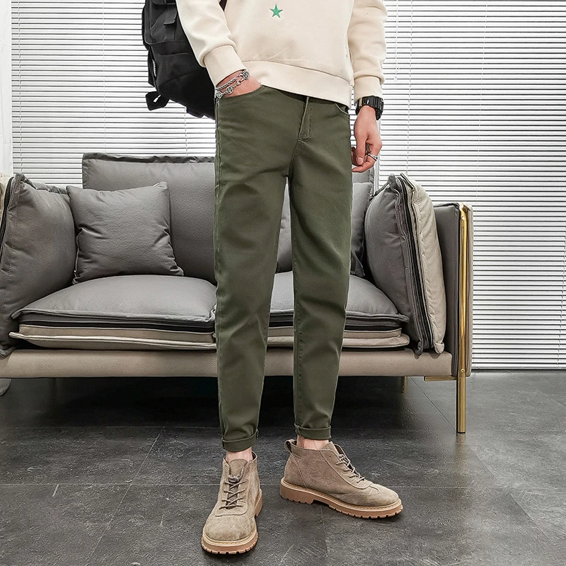 男士春季军绿色九分休闲裤男潮牌裤子韩版潮流百搭修身小脚长裤潮