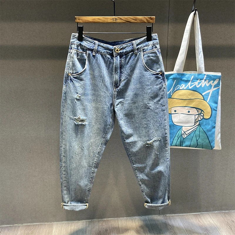 美式薄款破洞牛仔裤男宽松直筒九分阔腿哈伦裤水洗潮牌长款