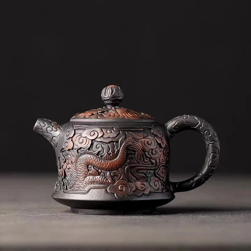 云南紫陶满雕祥云龙壶手拉高端茶壶家用功夫茶具纯手工精雕送礼